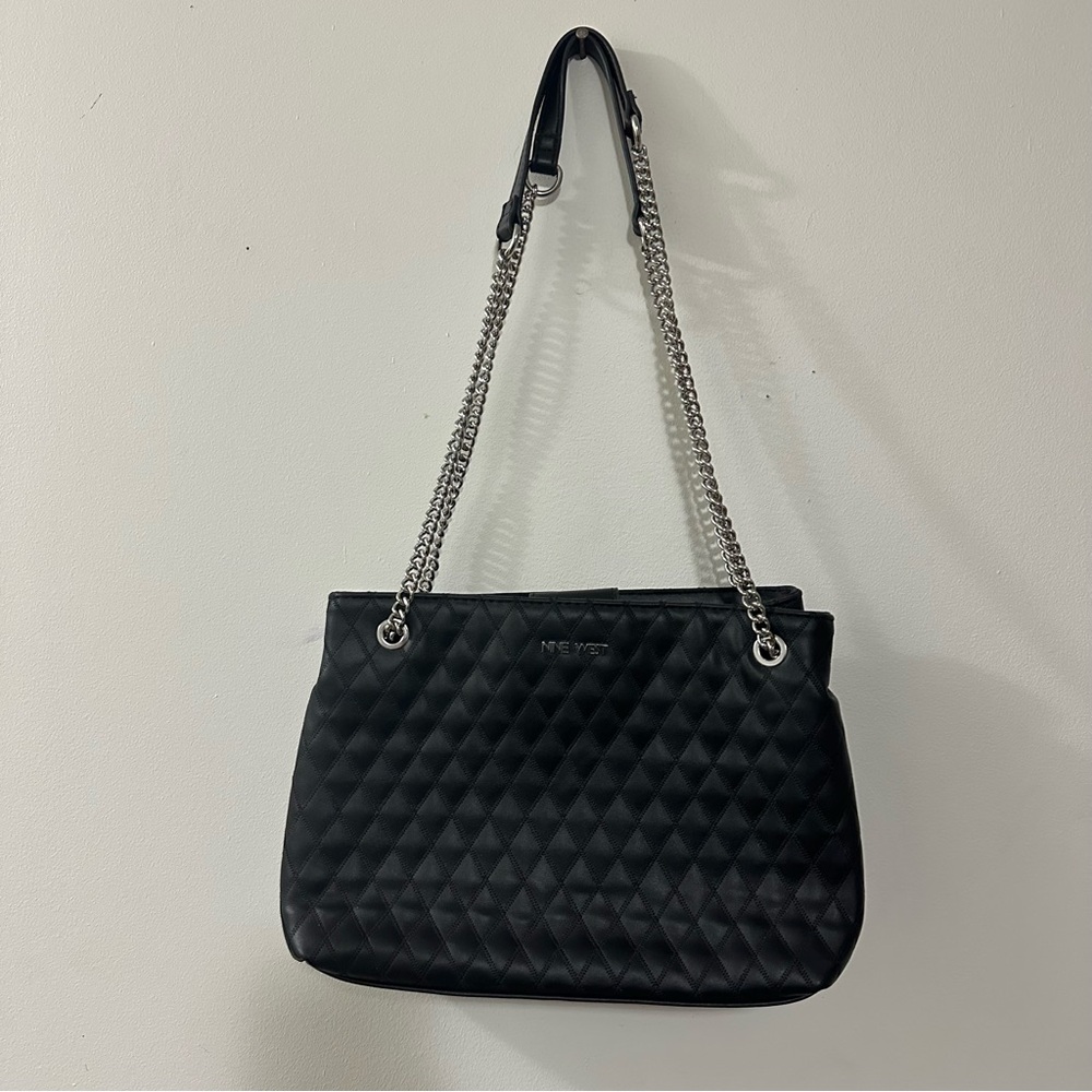 Nine West Endellion Quilted shoulder bag black faux leather silver‎ chain straps